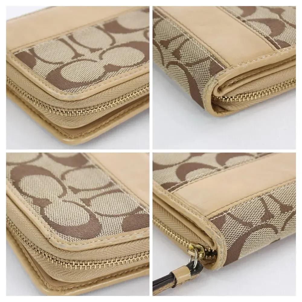 Coach Signature Stripe Checkbook Wallet Beige Brown Canvas Snap Closure